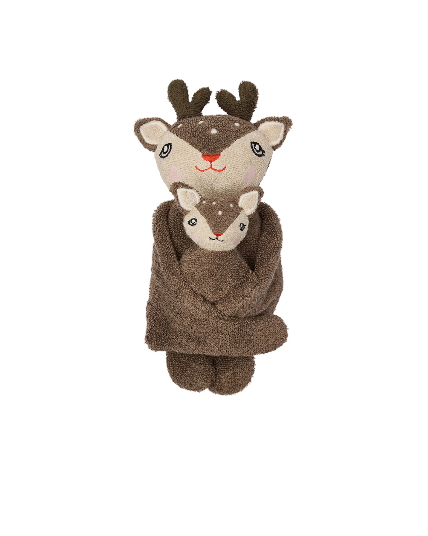 Stuffed animal toy with deer design on a light gray background