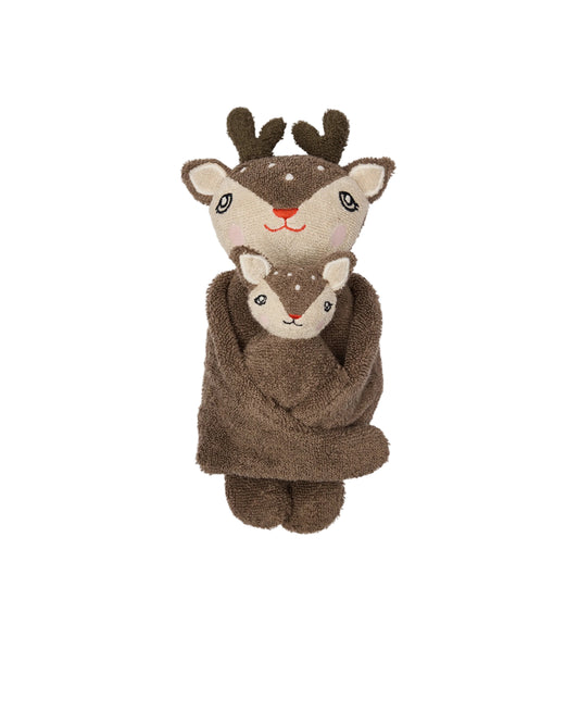 Stuffed animal toy with deer design on a light gray background