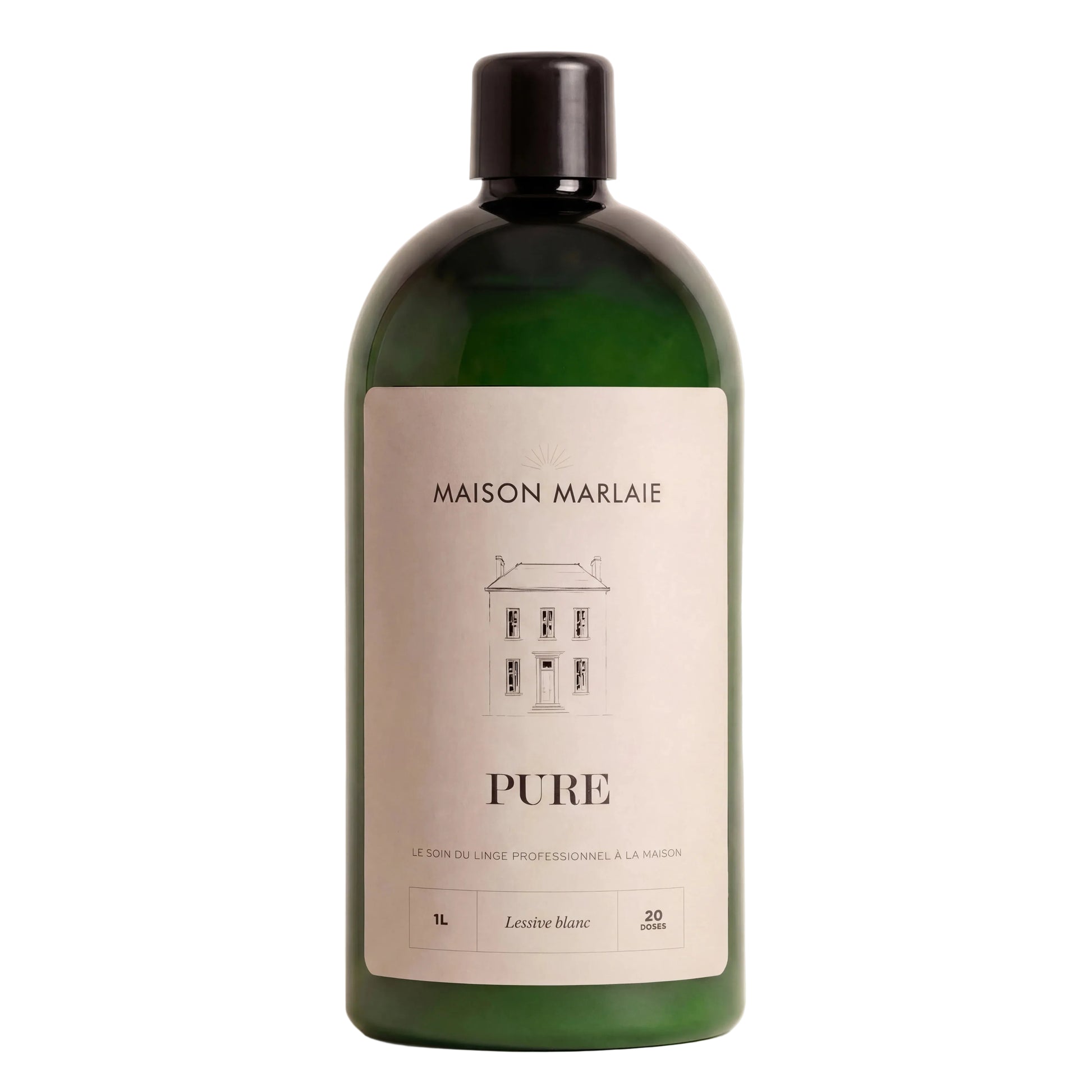 Green bottle labeled 'MAISON MARLAIE PURE' on a beige background