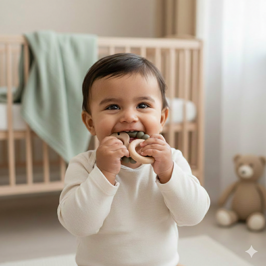 Leaf Rattle Μαλακός Δακτύλιος Δοντιών Ξύλου και Σιλικόνης - Φασκόμηλο & Χακί