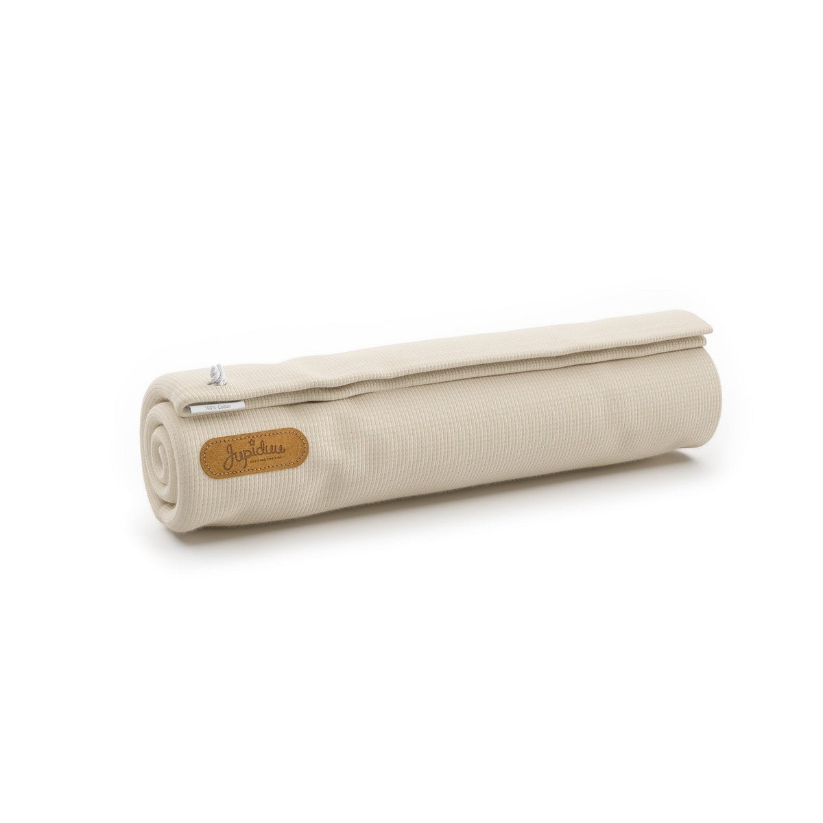 Beige yoga mat with a brand label on a white background