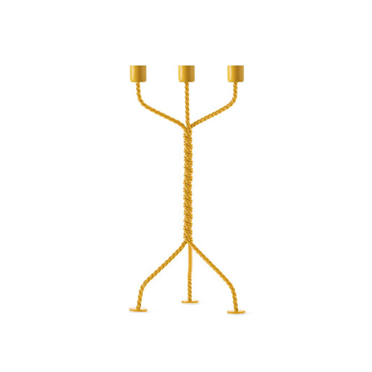 Gold candle holder with three branches on a white background