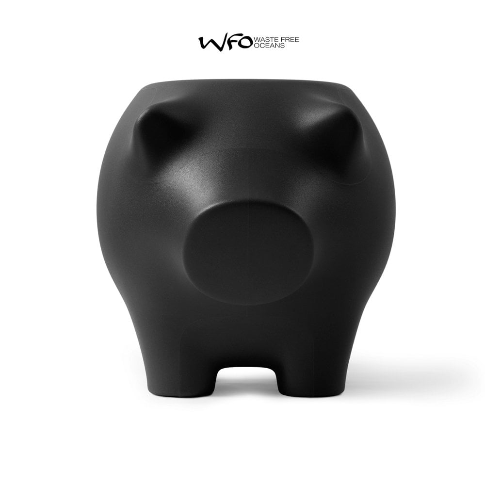 Black pig-shaped container with 'Waste Free Oceans' logo on a white background