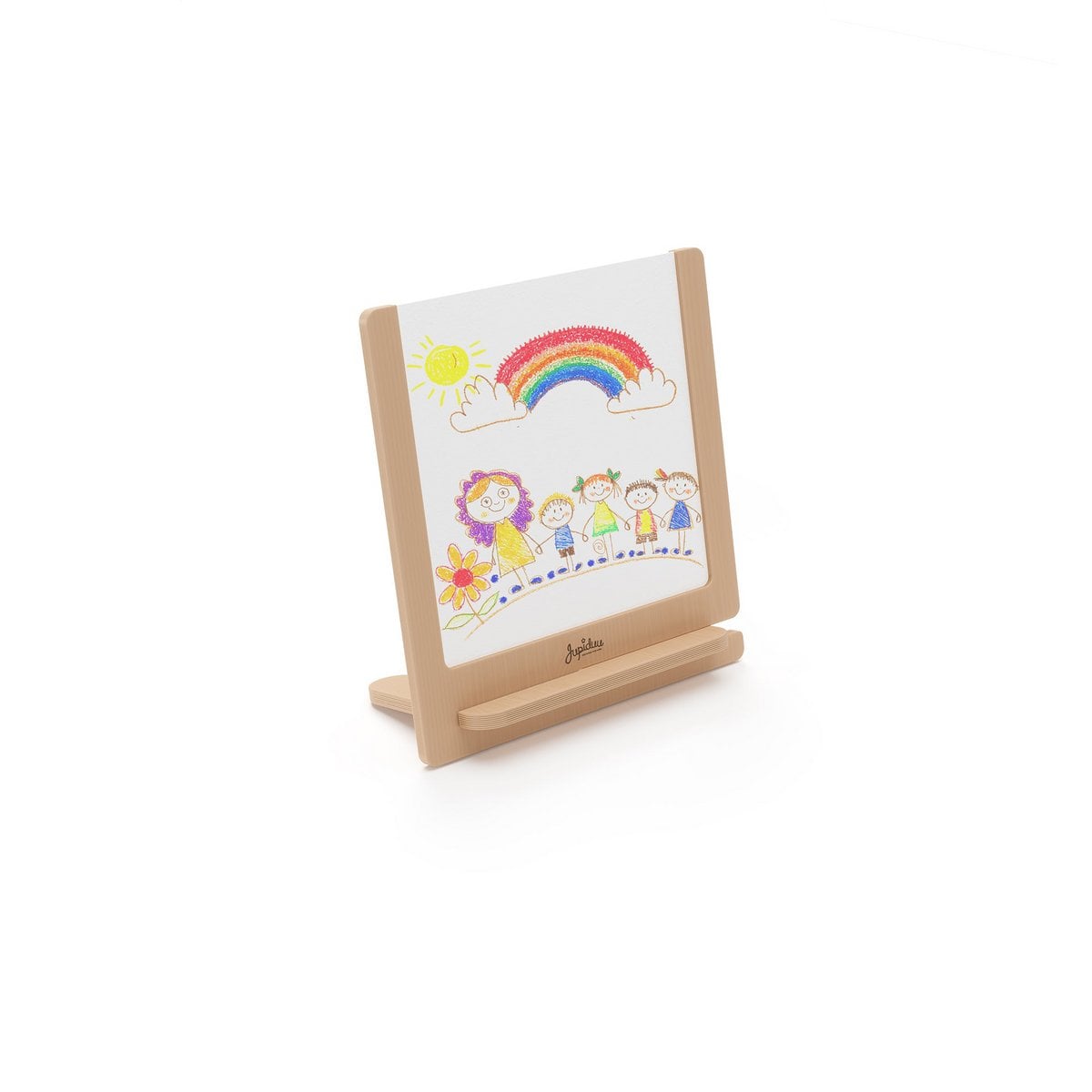 Children's drawing on a white sheet with a wooden easel on a white background