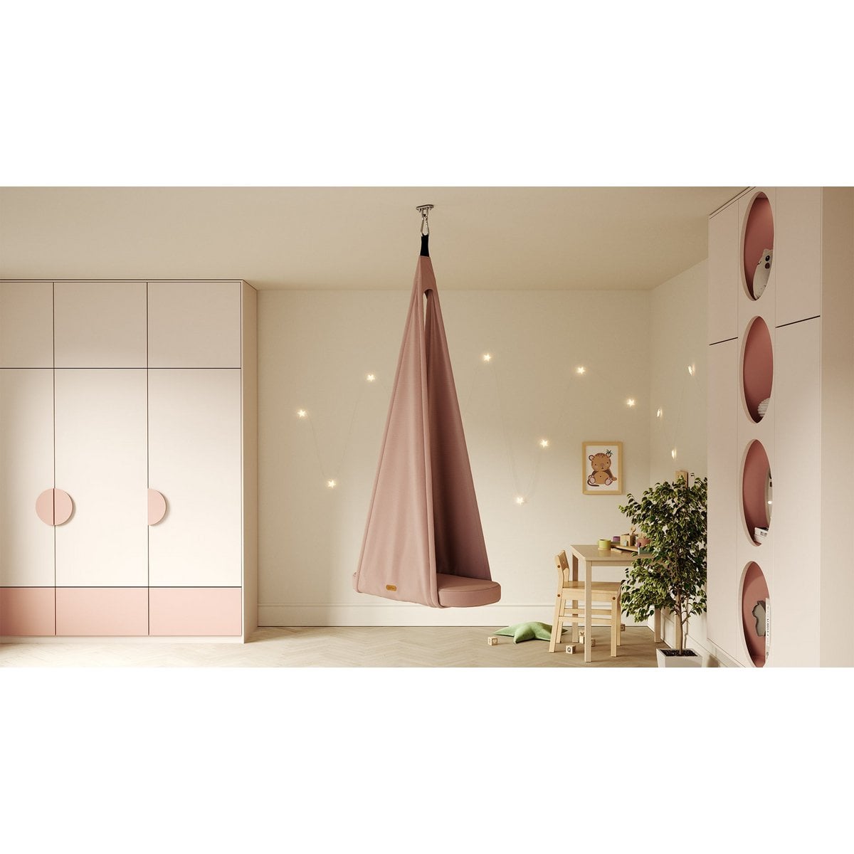 Pink hanging chair in a room with light-colored walls and furniture.