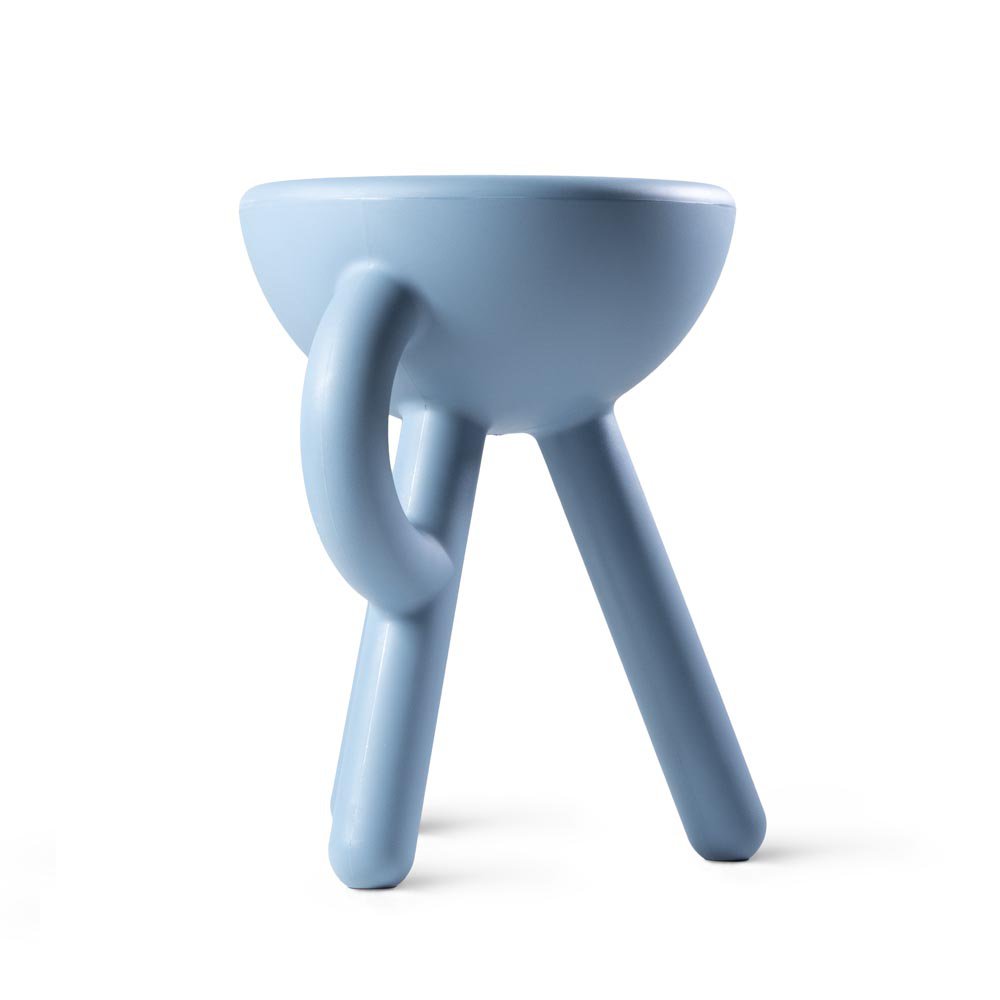 Blue ceramic bowl with handles on a white background