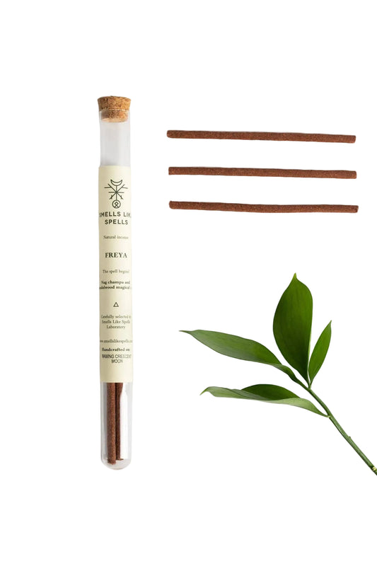 Wells & Spells Freya incense stick with packaging and a green leaf on a white background