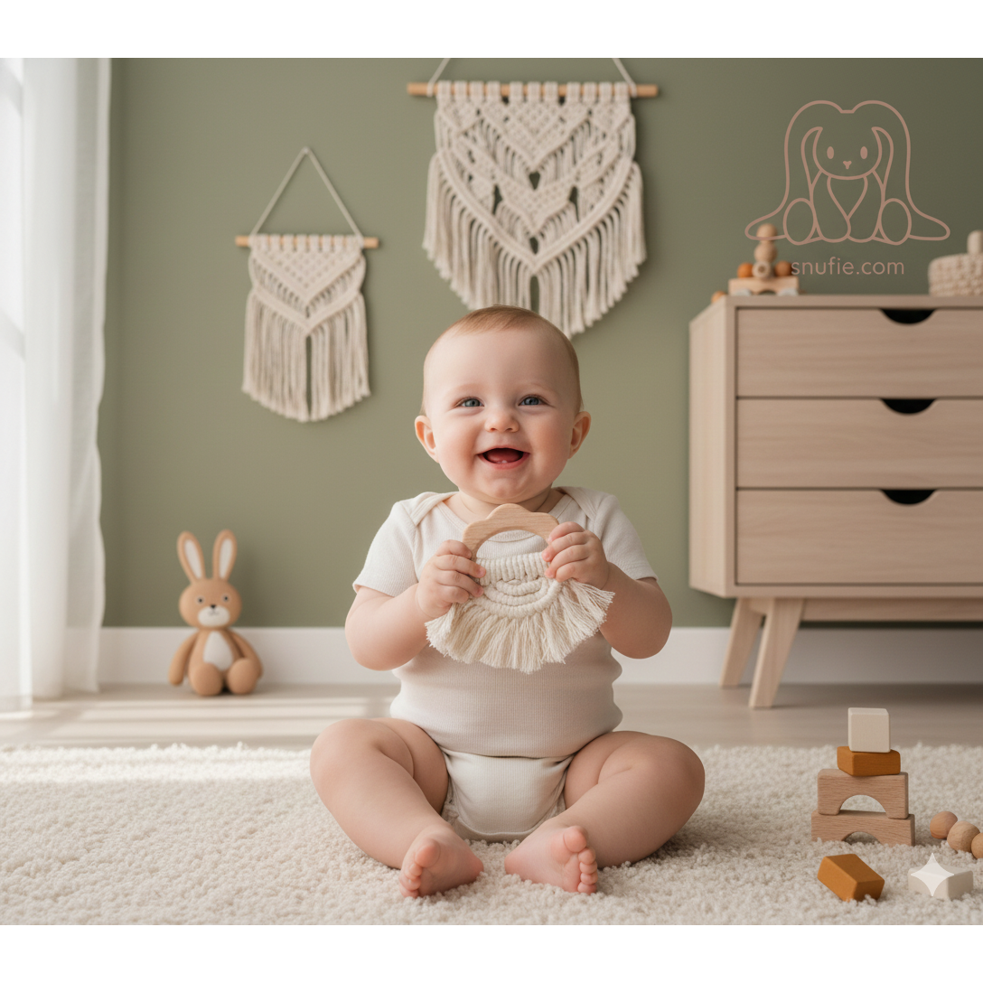 Boho Δακτύλιος Δοντιών Ξύλου και Βαμβακιού - Εκρού