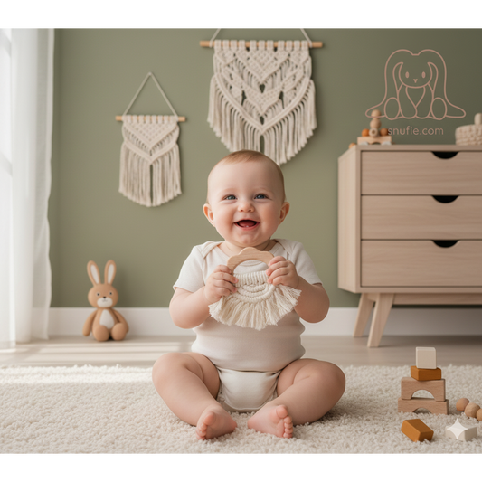 Boho Δακτύλιος Δοντιών Ξύλου και Βαμβακιού - Εκρού