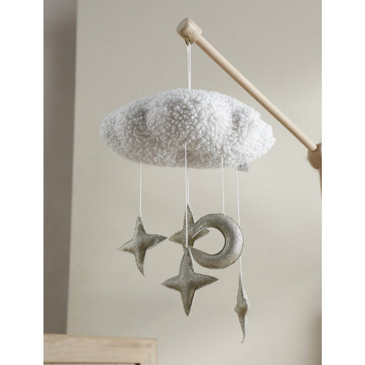 Decorative mobile with cloud, stars, and moon hanging from a stick against a neutral background
