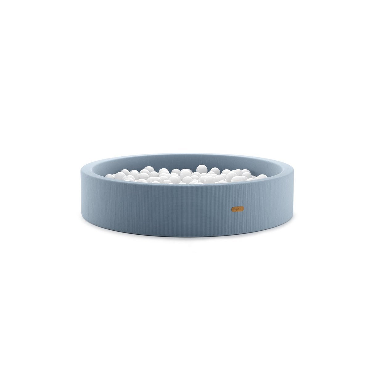 Round blue playpen with white balls on a white background