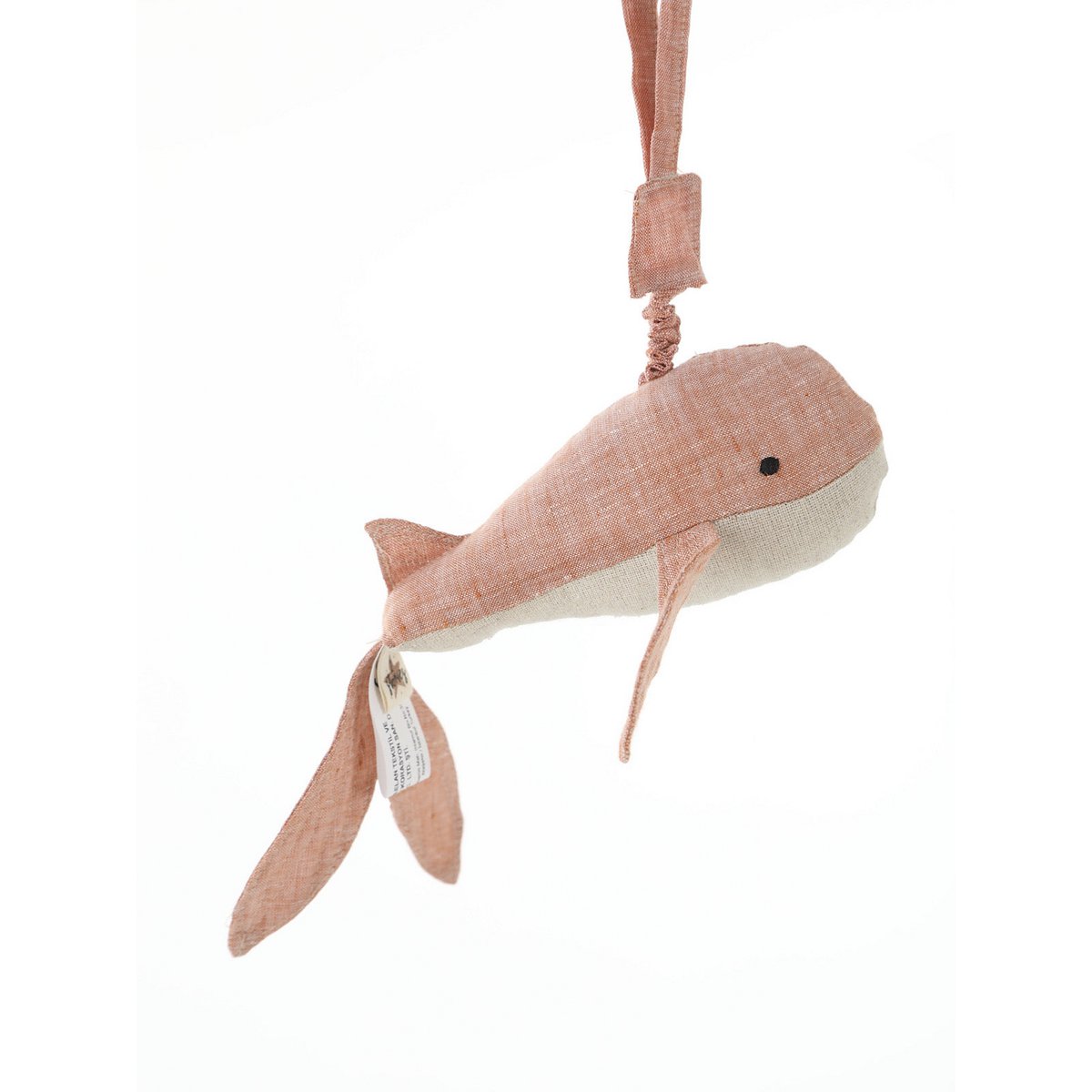 Pink whale-shaped plush toy with a white belly on a white background