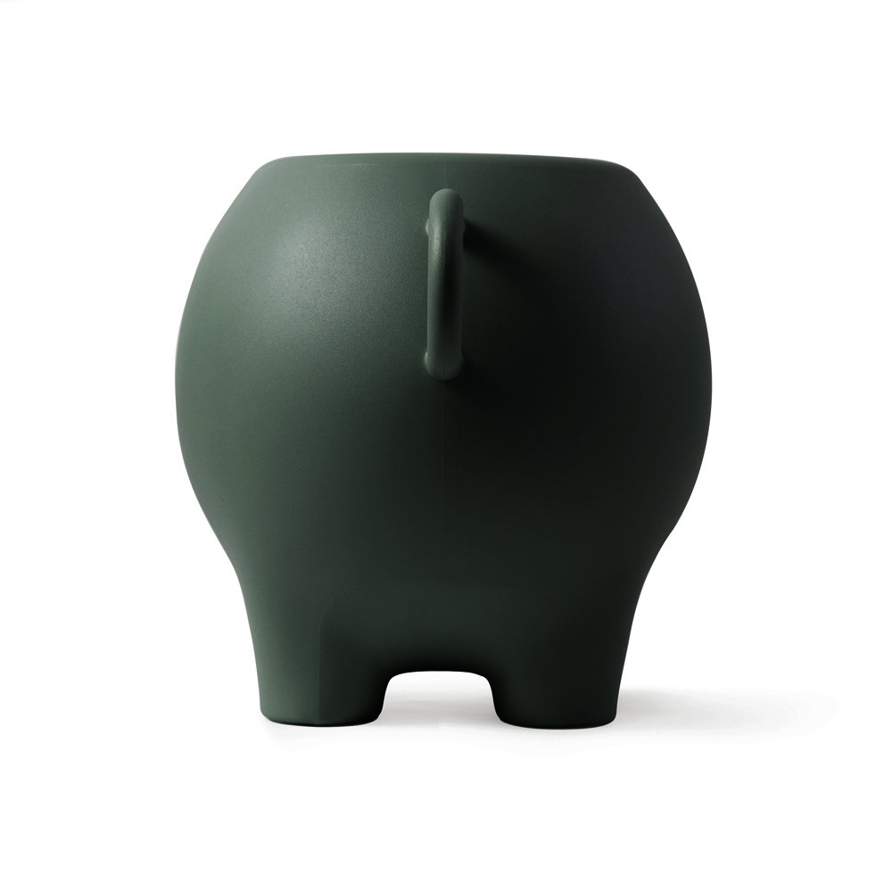 Dark green elephant-shaped container on a white background