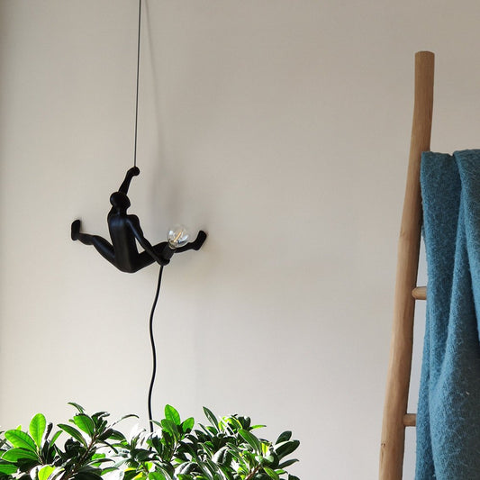 Black climber lamp hanging from a string against a white wall with a plant and towel rack in the foreground.