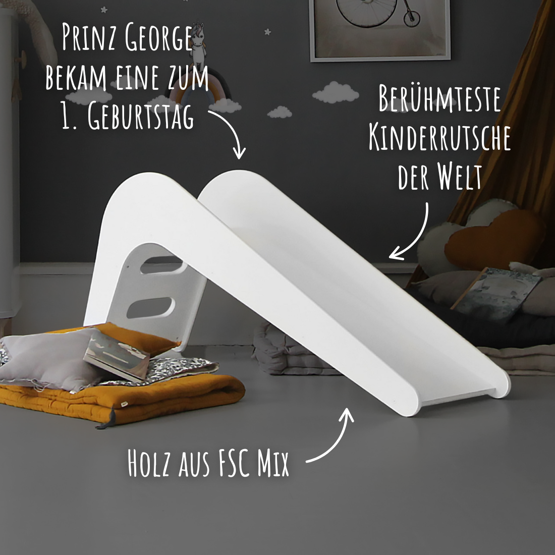 White children's slide with text on a dark wall background
