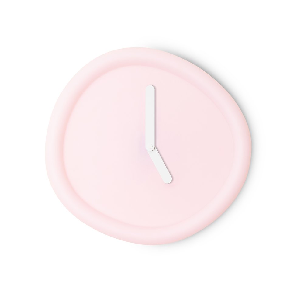 Pink wall clock with a white hour hand on a white background