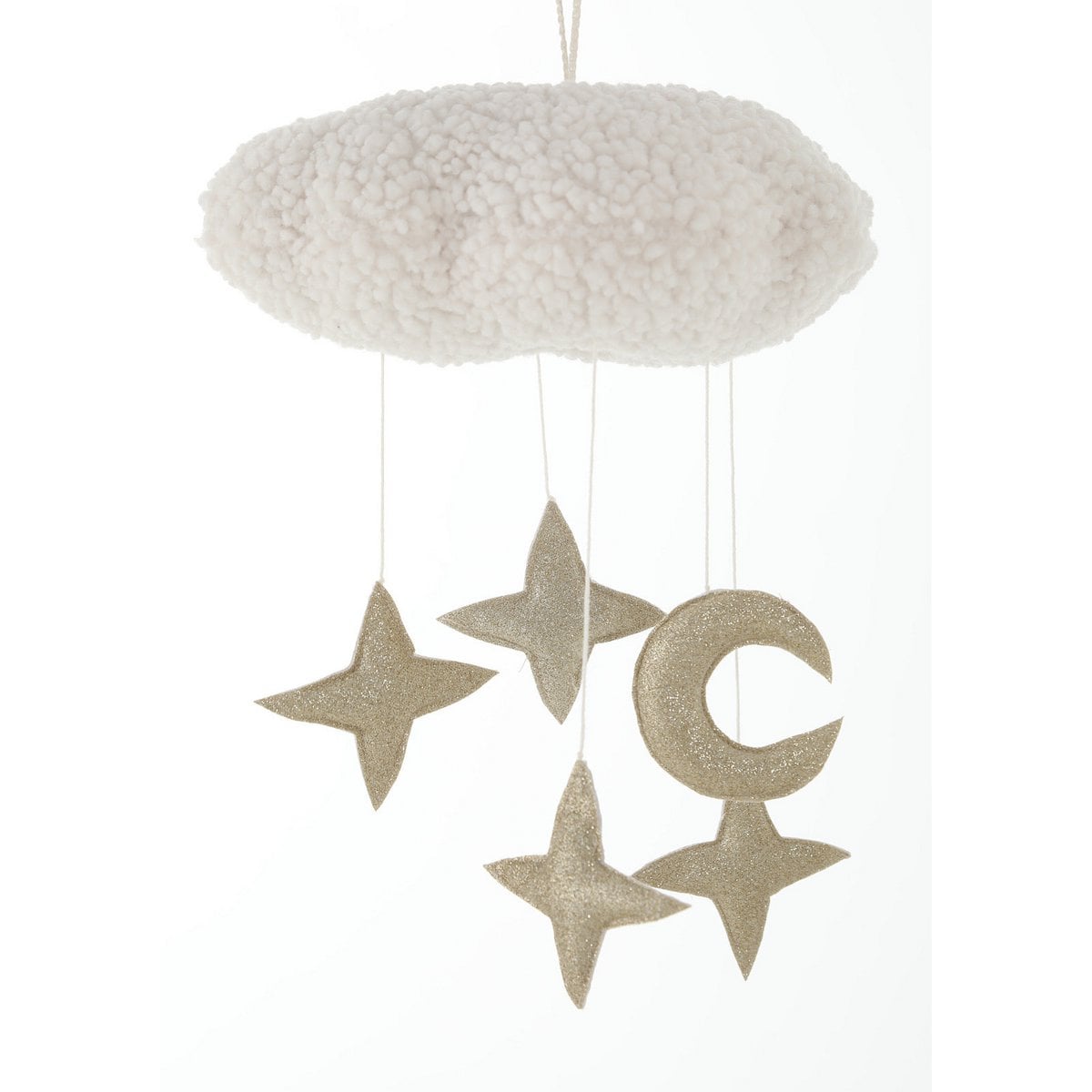 Decorative cloud mobile with stars and a moon on a white background