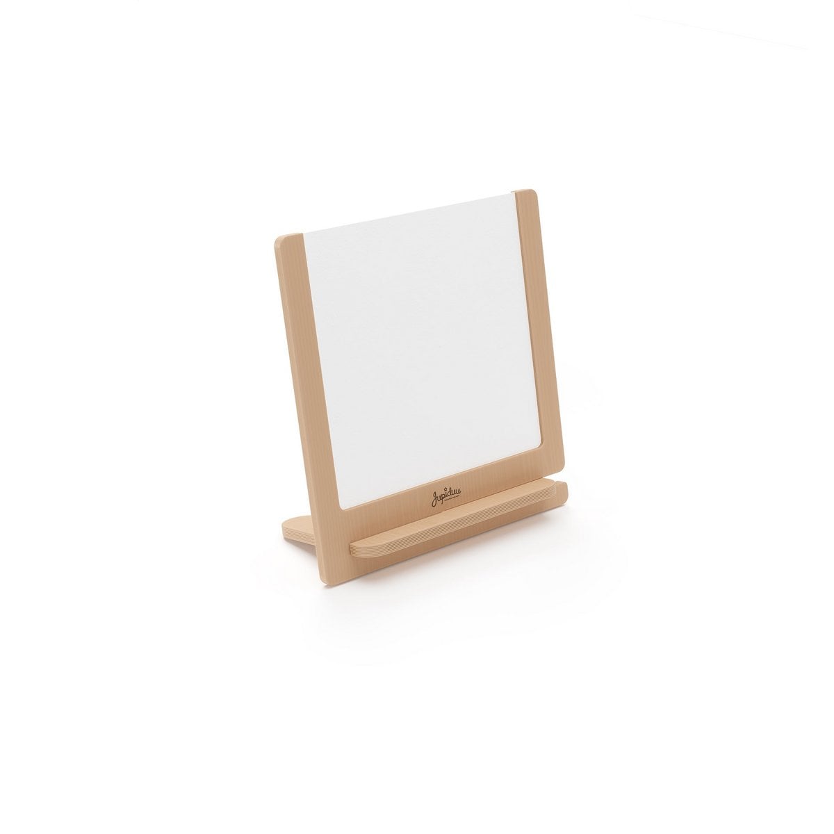 Small whiteboard with wooden stand on a white background