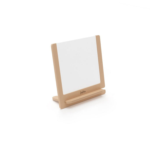 Small whiteboard with wooden stand on a white background