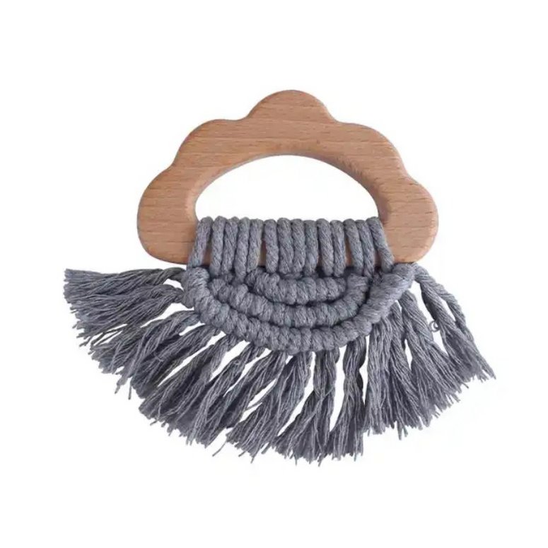 Boho Δακτύλιος Δοντιών Ξύλου και Βαμβακιού - Γκρί