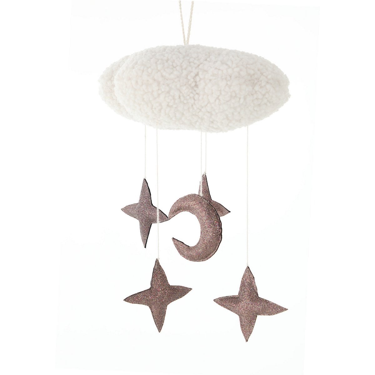 Decorative hanging mobile with stars and a moon on a white background
