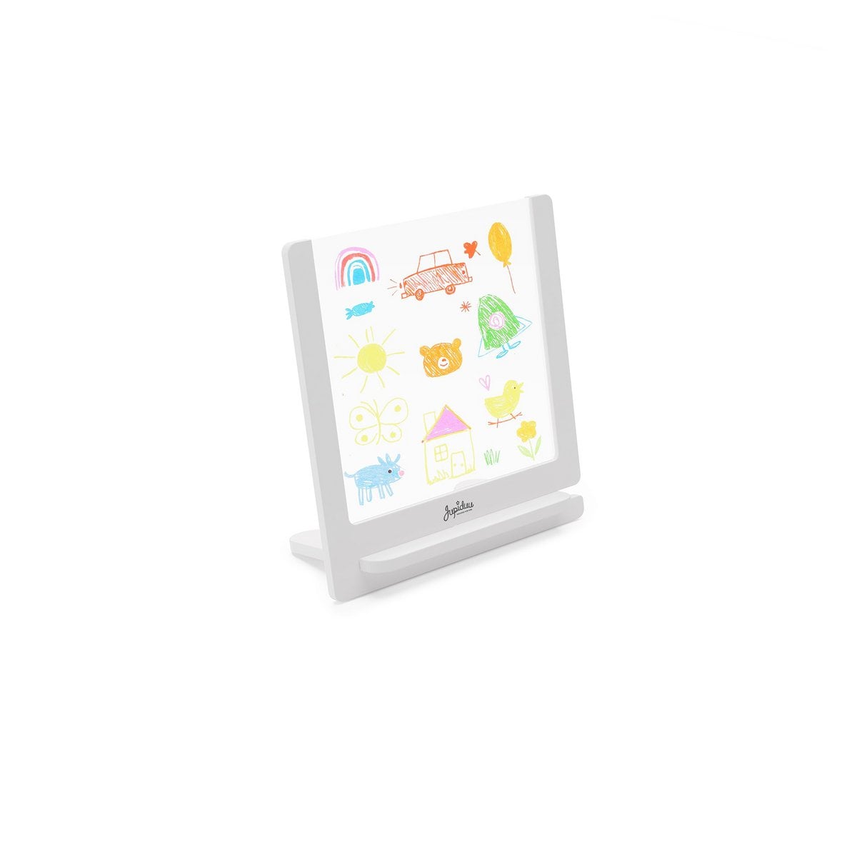 White digital picture frame with colorful cartoon designs on a white background