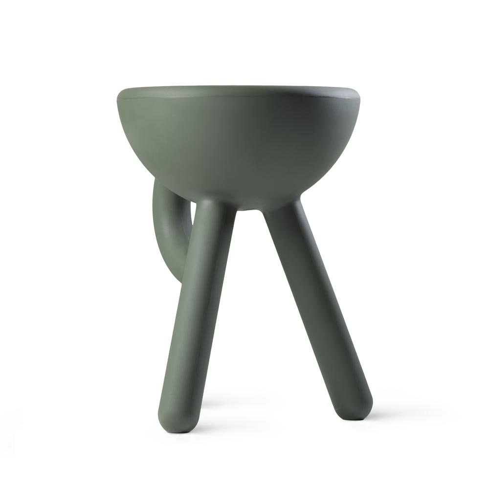 Green stool with a bowl-like top on a white background