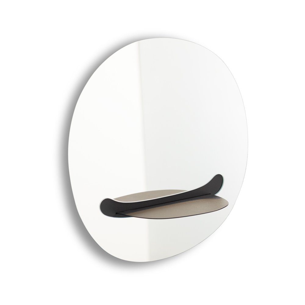 Round mirror with a black shelf on a white background