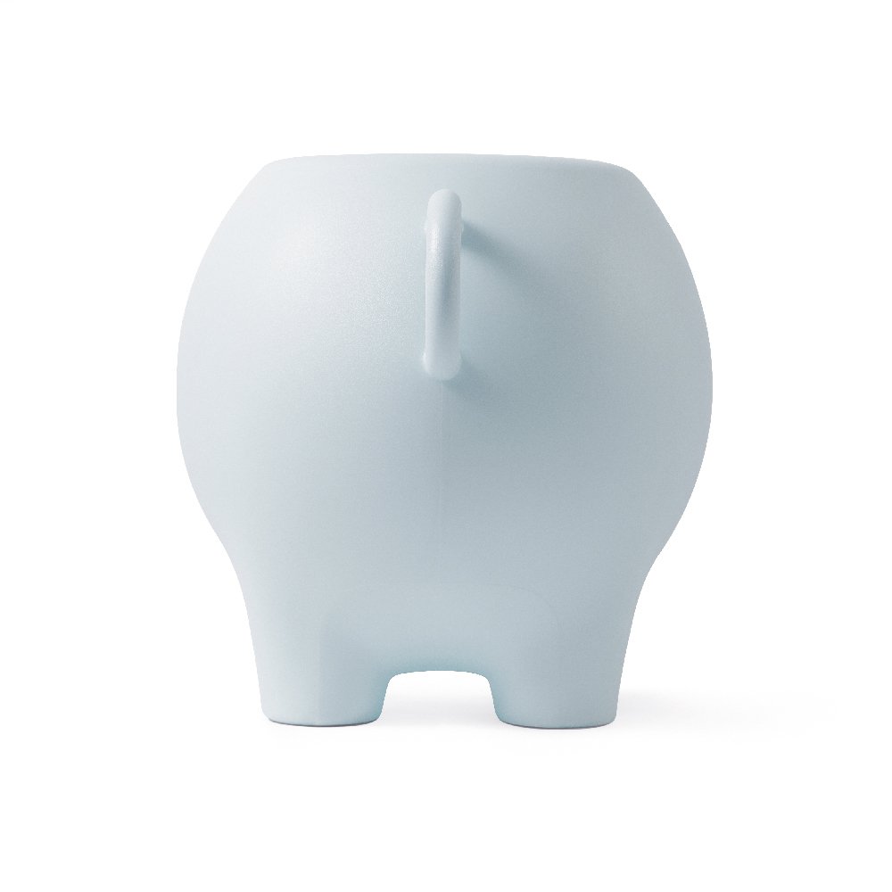 Light blue elephant-shaped ceramic piggy bank on a white background