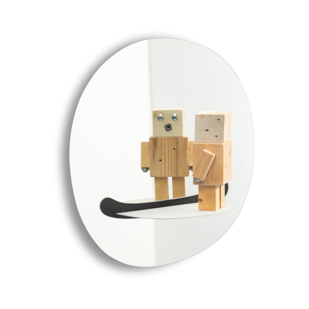 Wooden robot wall clock with a white face on a white background