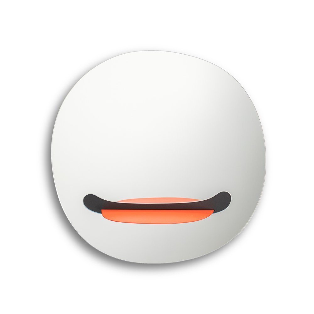 Werkwaardig Round white mirror with a smiley face design on a white background