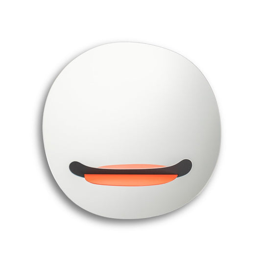 Werkwaardig Round white mirror with a smiley face design on a white background