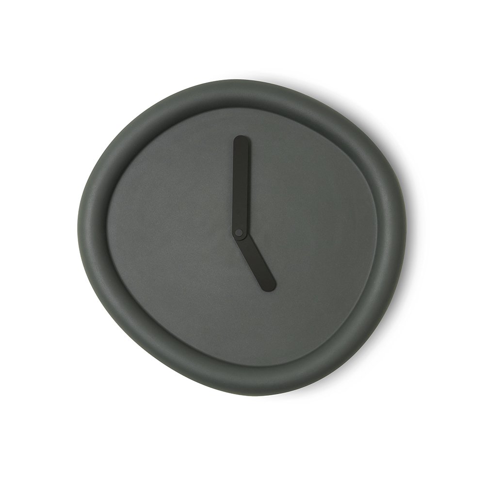 Dark gray wall clock with a minimalist design on a white background