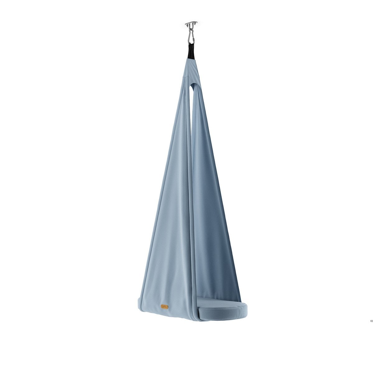Blue baby hammock hanging against a white background