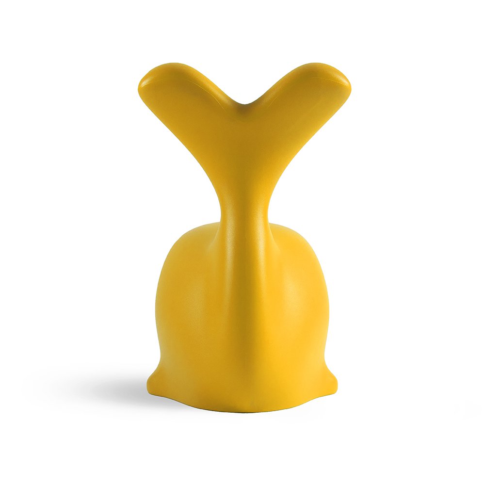 Yellow whale-shaped object on a white background