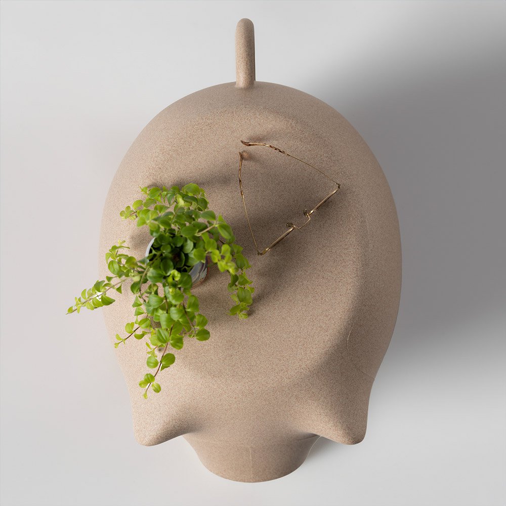 Ceramic wall clock with a plant growing out of it on a plain background