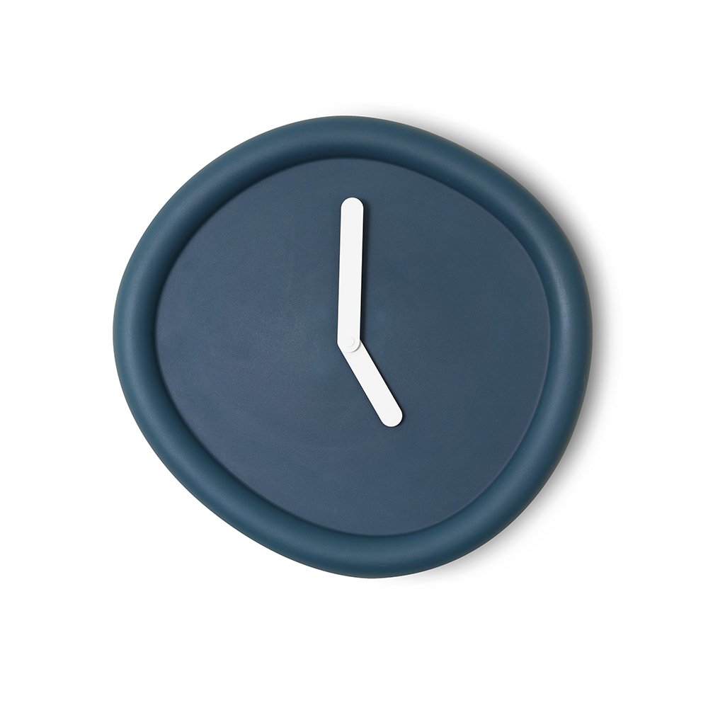 Blue wall clock with white hour hand on a white background