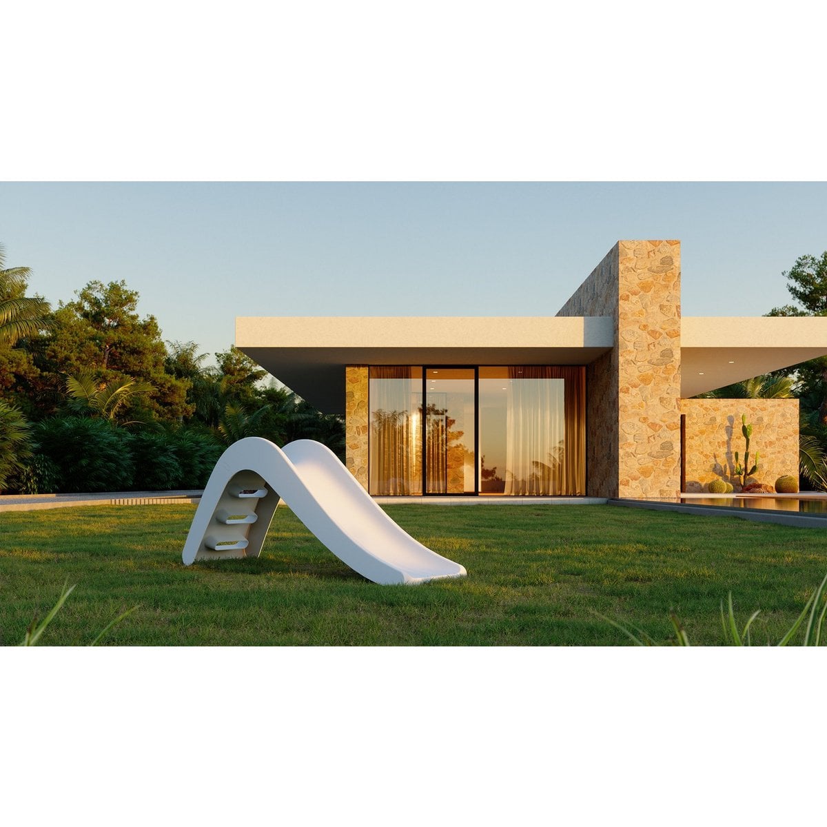 Modern house with a white slide in front on a grassy area