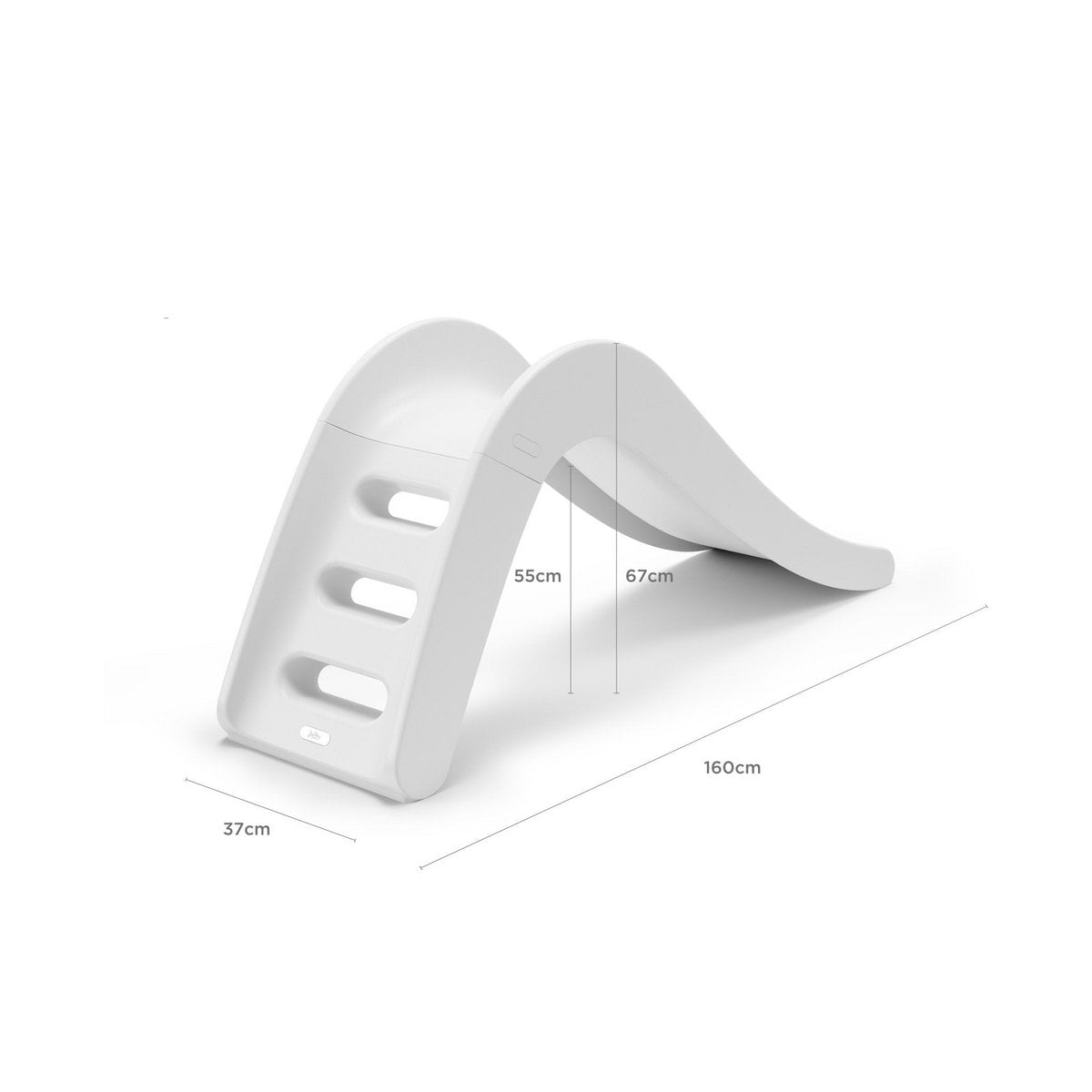 White plastic slide with dimensions on a white background