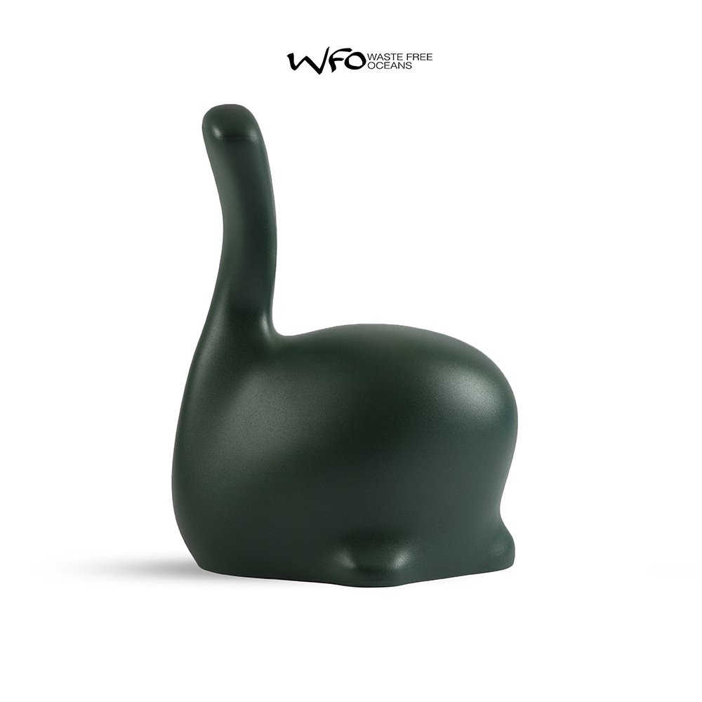 Black swan-shaped object on a white background with 'Waste Free Oceans' logo.