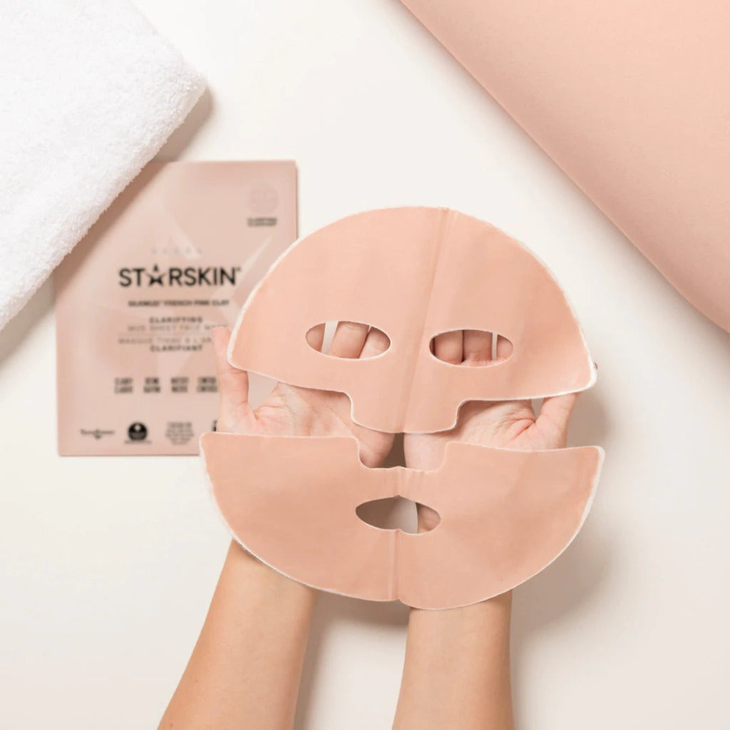 Constructed from ultra-fine gauze, each mask is infused with a powerful trio of Pink French Clay, Kaolin clay and Bentonite to blitz blemishes, blackheads and blocked pores without drying the skin.